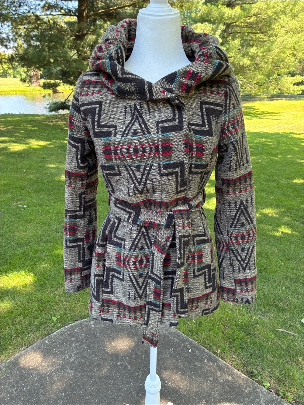 Womens Hooded Belted Aztec-Print Jacket